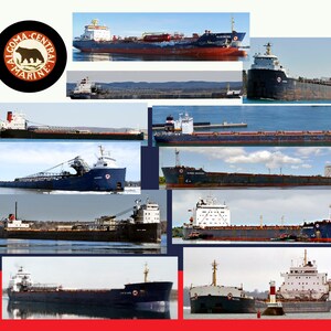 May include: A collage of photos of various ships, all with the logo "Algoma Central Marine" on the side. The ships are all different sizes and colors, and some are carrying cargo.