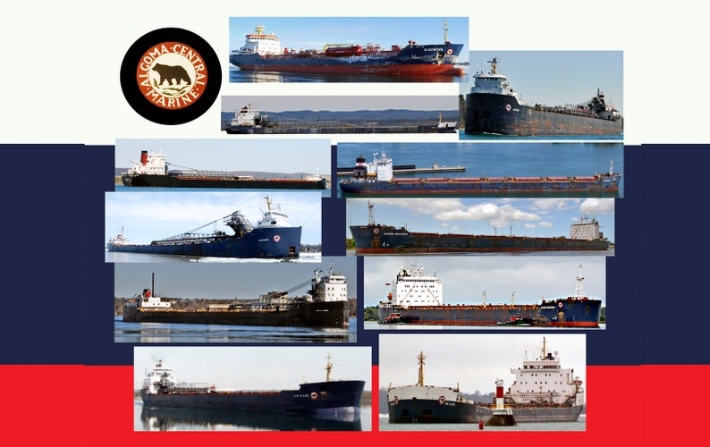 May include: A collage of photos of various ships, all with the logo "Algoma Central Marine" on the side. The ships are all different sizes and colors, and some are carrying cargo.
