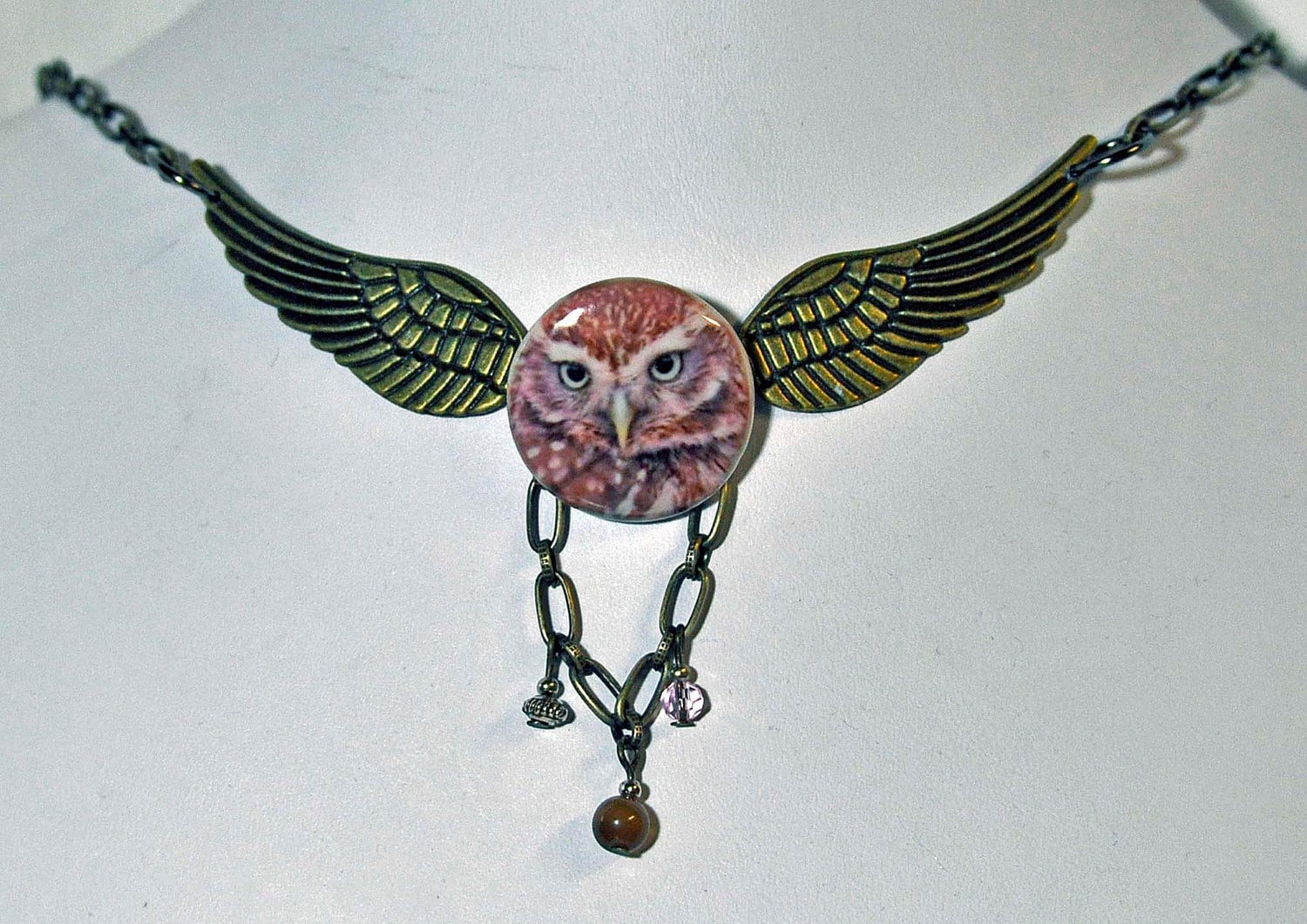 Porcelain Owl Wing Necklace: Antique Style Adjustable Chain