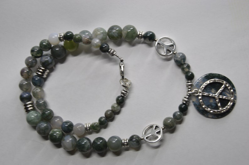 Moss Agate gemstone beaded Necklace and adjustable bracelet jewelry set with silver peace signs handcrafted classic with a twist