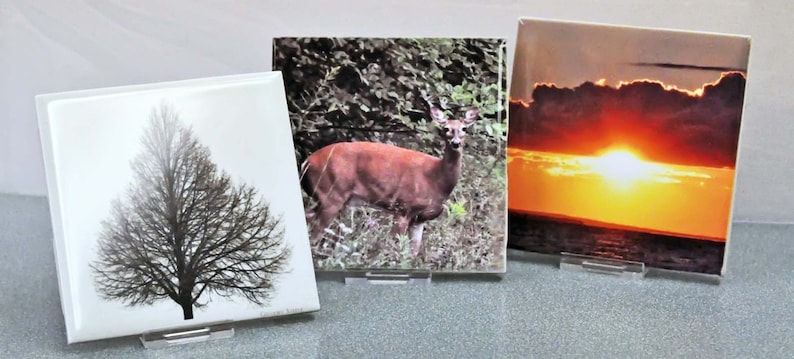 May include: Three ceramic tiles with different nature-themed images. The first tile features a silhouette of a tree against a white background. The second tile shows a deer in a forest setting. The third tile depicts a sunset over a body of water.