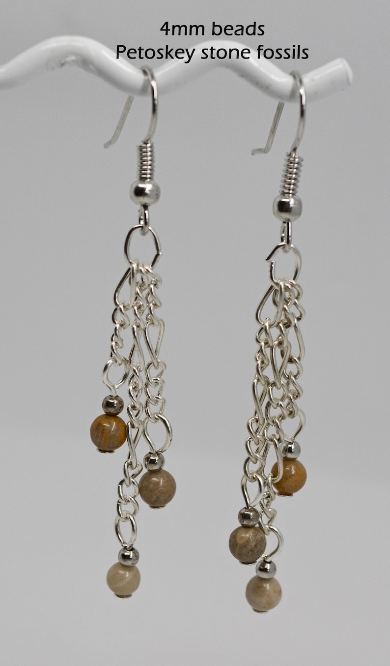 Michigan mixed corals and Petoskey stone beaded earrings natural stones fossil beads jewelry dangle drop Michigan stones your choice image 3