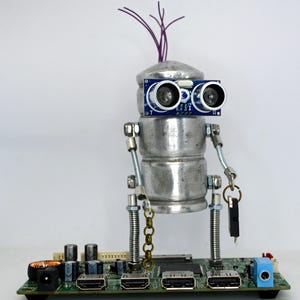 Recycled Robot Sculpture: Vintage Fishing Float, Steampunk Art