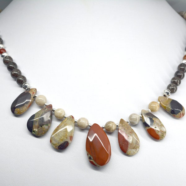 Beaded stone necklace jewelry puddingstone, and Fossils with red jasper and silver accent beads designed and created in Michigan 19"