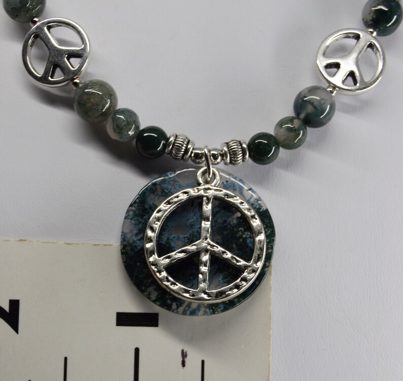 Moss Agate gemstone beaded Necklace and adjustable bracelet jewelry set with silver peace signs handcrafted classic with a twist