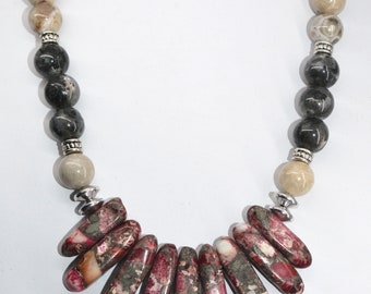 Mixed fossil with Petoskey stone necklace jewelry beaded with labradorite  20" length