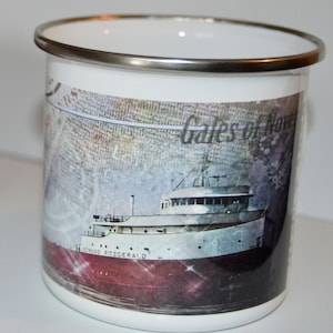 4 Enameled camp cups mugs and coaster set Edmund Fitzgerald freighter ship custom personalized your image  art or text