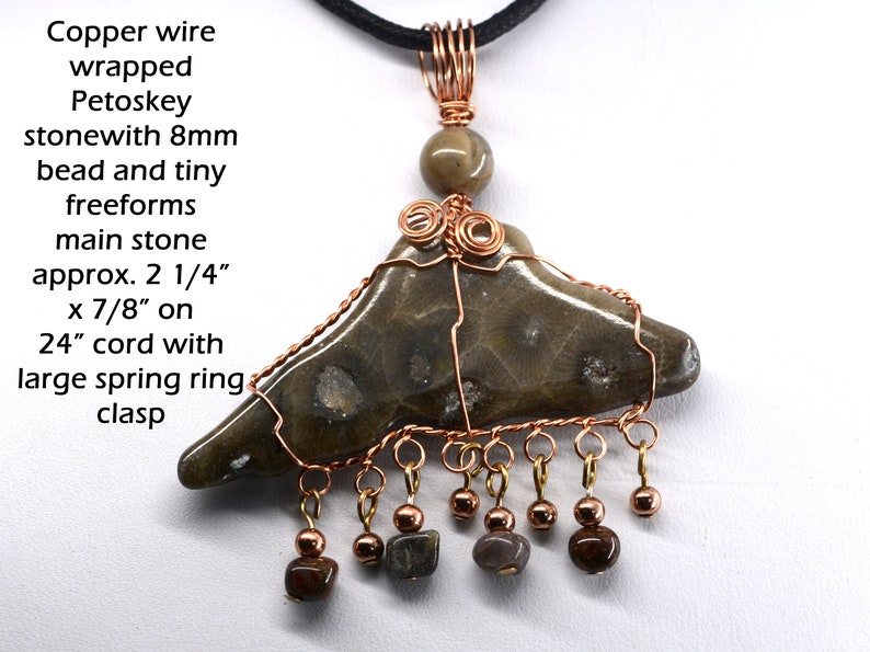 May include: Copper wire wrapped Petoskey stone pendant with an 8mm bead and tiny freeforms. The main stone is approximately 2 1/4 inches by 7/8 inches. The pendant hangs from a 24 inch cord with a large spring ring clasp.