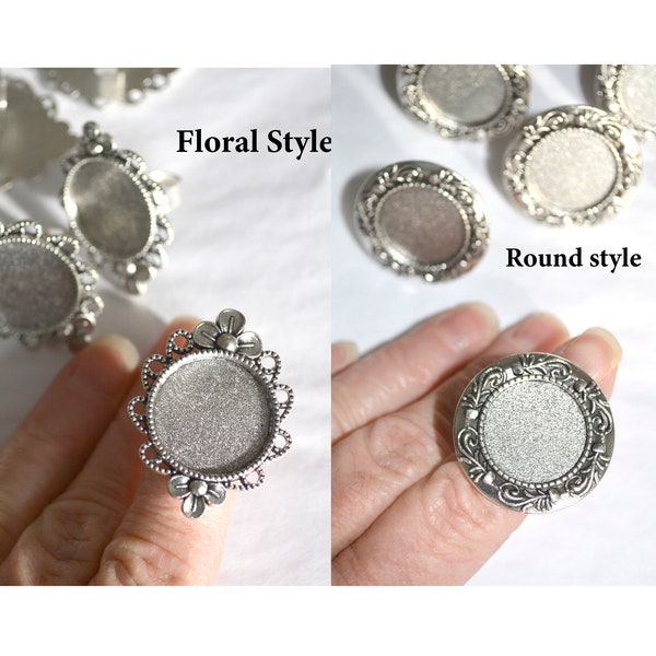 Vintage Adjustable Finger Ring supply jewelry Cabochon Bezel  Cadmium Free & Lead Free, Antique Silver  your choice of style