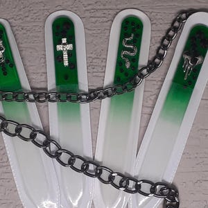 Tempered Czech Glass Mini Nail File Green Toughened Hand Embellished with Velvet Pouch Gothic Snake Heart Cross Skull Ideal Gift