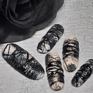 PERTERGET | Brushed Beige Black Textured False Nails Cured Gel Goth Custom Made Grunge Witch