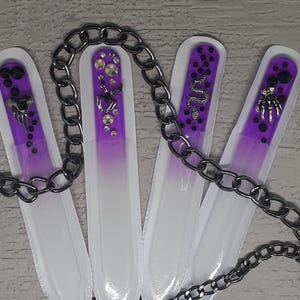 Tempered Czech Glass Mini Nail File Purple Toughened Hand Embellished with Velvet Pouch Gothic Heart Spider Snake Skeleton Ideal Gift
