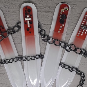 Tempered Czech Glass Mini Nail File Red Toughened Hand Embellished with Velvet Pouch Gothic Skull Cross Black Rose Moon Ideal Gift