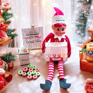 Attrezzi per la scena delle ciambelle degli elfi STAMPABILI / Modelli per scatole, borse, cartelli e cappelli per ciambelle Kristmas Kreme / Stampa PDF con download immediato / Attività fai da te