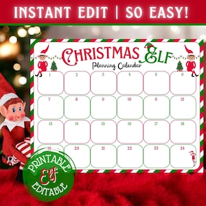 Può includere: Calendario di pianificazione dell'elfo di Natale stampabile con un bordo a strisce rosso e verde. Il calendario ha 24 caselle numerate per ogni giorno di dicembre. Il titolo dice "Calendario di pianificazione dell'elfo di Natale".