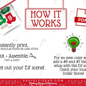 K&ouml;nnte beinhalten: Ein Bild mit Anweisungen f&uuml;r eine Elfenszene. Der Text enth&auml;lt "HOW IT WORKS" und "Instantly print." Es gibt ein PDF-Symbol und eine Gl&uuml;hbirnen-Grafik. Das Bild hat einen wei&szlig;en Hintergrund mit roten und gr&uuml;nen Akzenten.
