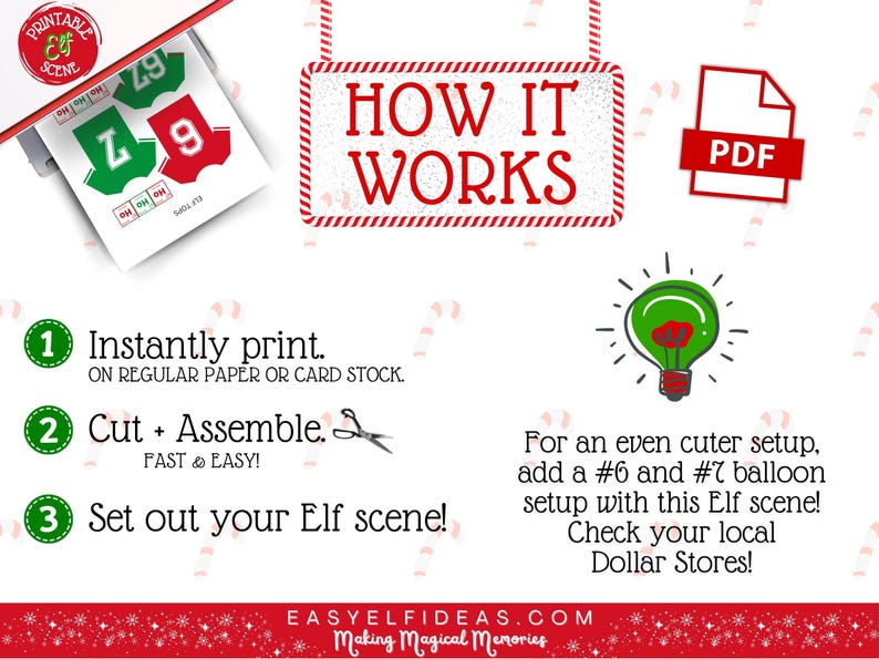 K&ouml;nnte beinhalten: Ein Bild mit Anweisungen f&uuml;r eine Elfenszene. Der Text enth&auml;lt "HOW IT WORKS" und "Instantly print." Es gibt ein PDF-Symbol und eine Gl&uuml;hbirnen-Grafik. Das Bild hat einen wei&szlig;en Hintergrund mit roten und gr&uuml;nen Akzenten.