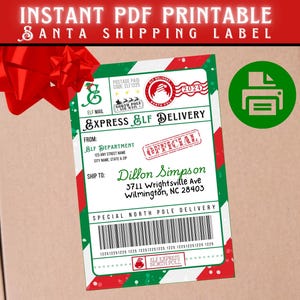 Plantilla de etiqueta de envío de Papá Noel personalizada para imprimir / Impresión de correo del Polo Norte navideño / Idea de llegada de elfo personalizada / Paquete tardío PDF