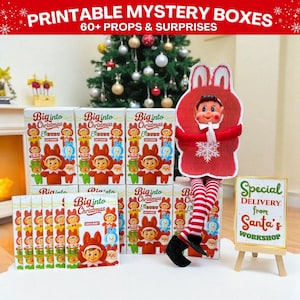 May include: A display of Christmas-themed mystery boxes with the text "Printable Mystery Boxes" and "60+ Props & Surprises." A red and white elf doll is in the center. A small sign reads "Special Delivery from Santa's Workshop."