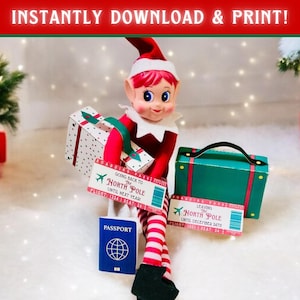 DRUCKBARE ELF Reise Szene Prop Zubehör | Mini-Koffer, Elfen An- und Abflug Bordkarte Tickets, Reisepass | Sofort Download