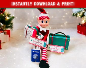 May include: A toy elf with red and white striped stockings is holding a small suitcase and a gift box. The elf is wearing a red and green Santa hat and a red shirt. The elf is holding a boarding pass that says "Going back to the North Pole until next year".