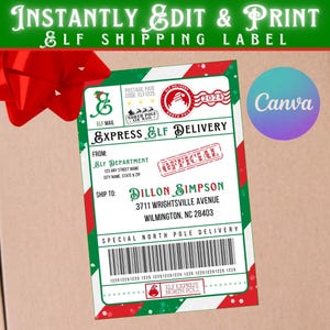 Plantilla de etiqueta de envío de elfo personalizada editable / Correo del Polo Norte navideño imprimible / Idea de llegada de elfo personalizada / PDF fácil de editar