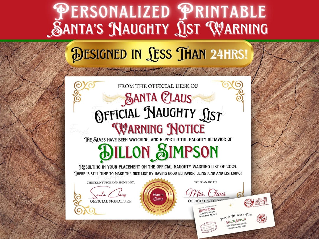 PRINTABLE NAUGHTY List Personalized 2024 Warning Notice Certificate ...