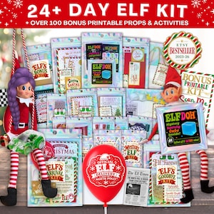 May include: A 24+ day elf kit featuring numerous labeled pouches containing printable props and activities. Two elf dolls are present, one with purple hair and one with a red hat. A red balloon with white text and a gold Etsy bestseller badge are included.