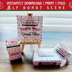 Accesorios para escenas de donas de duende para imprimir / Plantillas para cajas, bolsas, letreros y sombreros de donas de Kristmas Kreme / Descarga instantánea en PDF para imprimir / Actividades para hacer uno mismo