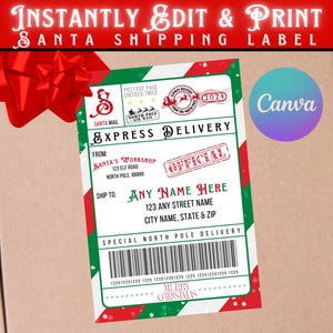 Plantilla de etiqueta de envío de Papá Noel personalizada y editable / Correo del Polo Norte navideño imprimible / Ideas de regalos personalizados / Paquete tardío