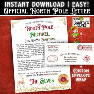 Plantilla de carta oficial editable de los elfos de Papá Noel / Carta con membrete del Polo Norte personalizada para niños / Plantilla imprimible para rellenar calcetines