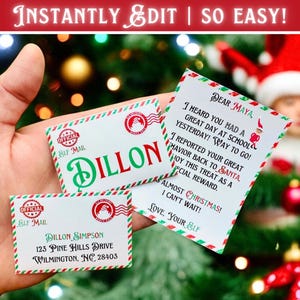 Plantilla de sobre de correo y carta de elfo en miniatura EDITABLE / Ideas personalizadas para la llegada de accesorios navideños / Haga clic en los cuadros de texto e imprima / CANVA