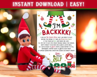May include: A Christmas-themed image featuring an elf doll in a red and white outfit next to a sign that reads "I'M BACKKKK!". The sign includes a poem and festive illustrations. The background shows a blurred Christmas tree and a fireplace.