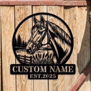 Plaque en métal personnalisée pour écurie, nom de cheval, nom d'équitation, décoration de porte de ferme, enseigne de ranch, décoration murale de grange, cadeau pour amateur de chevaux