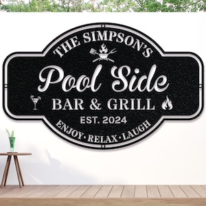 Personalized PoolSide Metal With Led Sign, Pool and Bar, Custom Poolside Sign, Pool Oasis, Personalized Family PoolSide Bar and Grill Sign