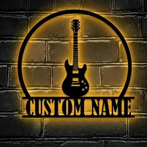 Custom Guitar Player Metal Sign LED Light, Guitarist Name Sign, Guitar Room Metal Wall Art, Guitar Studio Wall Decor, Music Decor