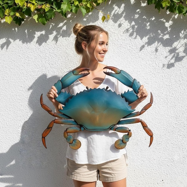 Aangepaste blauwe krab metalen bord, nautische kunst aan de muur, krab minnaar cadeau, strandhuis decoratie kust