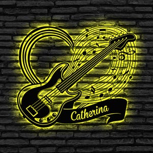 Personalized Guitar Player Metal Wall Art LED Light, Guitarist Name Sign, Custom Music Note LED Light, Music Room Decoration, Musician Gift