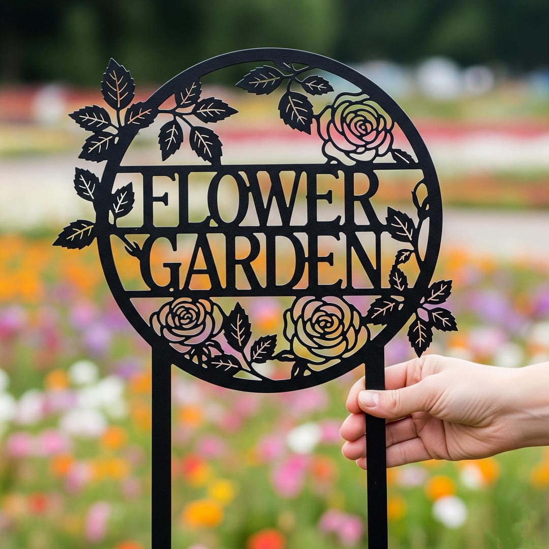 Flower Garden Metal Sign, Floral Yard Stake With Rose Design, Garden ...