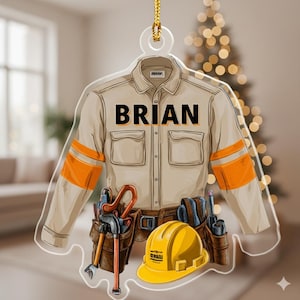 Kundenspezifische Bauarbeiter-Verzierung, Bauuniform-Schutzhelm 2D flache Weihnachtsverzierung, Geschenk für Elektriker, Klempner, Techniker