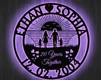 Custom Anniversary Metal Sign LED Light, Family Name Date Sign, Year Together Gift for Parents, Family Wall Art, Wedding Anniversary Gift