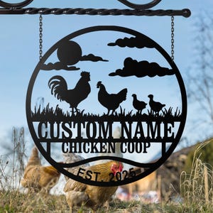 Enseigne de poulailler en métal personnalisée avec coq et poules, plaque nominative pour poulailler dans l'arrière-cour, décor de ferme, cadeau pour les amateurs de poulet