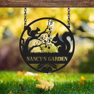 Custom Squirrel Metal Garden Sign, Metal Garden Name Sign, Squirrel Garden Sign, Metal Wall Decor for Backyard, Rustic Outdoor Wall Decor