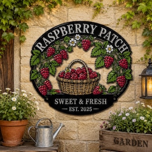Puede incluir: Letrero de metal negro con las palabras "RASPBERRY PATCH" en plata. Presenta una cesta de frambuesas, hojas verdes y bayas rojas. También incluye el texto "SWEET & FRESH - EST. 2025".