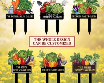 Aangepaste groenten tuinpaal, tuinnaambord, bord groententuin, tuinmarkering, tuinmarkering, tuinmarkering met vegetarisch ontwerp, cadeau voor tuinders