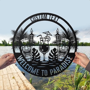 Custom Tiki Bar Metal Sign, Welcome to Paradise Tropical Outdoor Decor, Custom Name Tropical Paradise Wall Art, Summer Party Decor