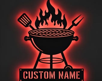Custom Metal BBQ Name Sign, BBQ Grill Wall Art, Grill Chill Decor, Smoker and Grilling Gift, Backyard Patio Decor, Grill Master Gift