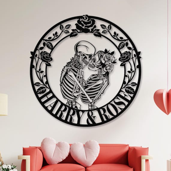 Custom Skeleton Couple Kissing with Roses Metal Wall Led Light, Halloween Valentines Gift, Skull Lover Gift, Gothic Home Decor, Wedding Gift