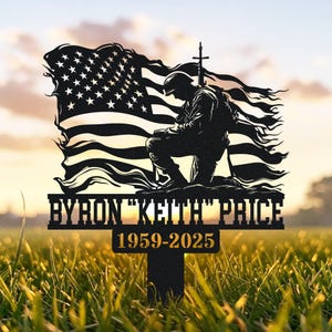 Custom Veteran Army Grave Marker Name Sign, Personalized Soldier Kneeling Metal Memorial Stake, Military Remembrance Stake Decor Sympathy