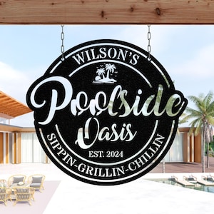 Puede incluir: Un letrero de metal negro con texto blanco que dice "Wilson's Poolside Oasis Sippin-Grillin-Chillin Est. 2024". El letrero presenta un gráfico de palmera y está diseñado para colgar.